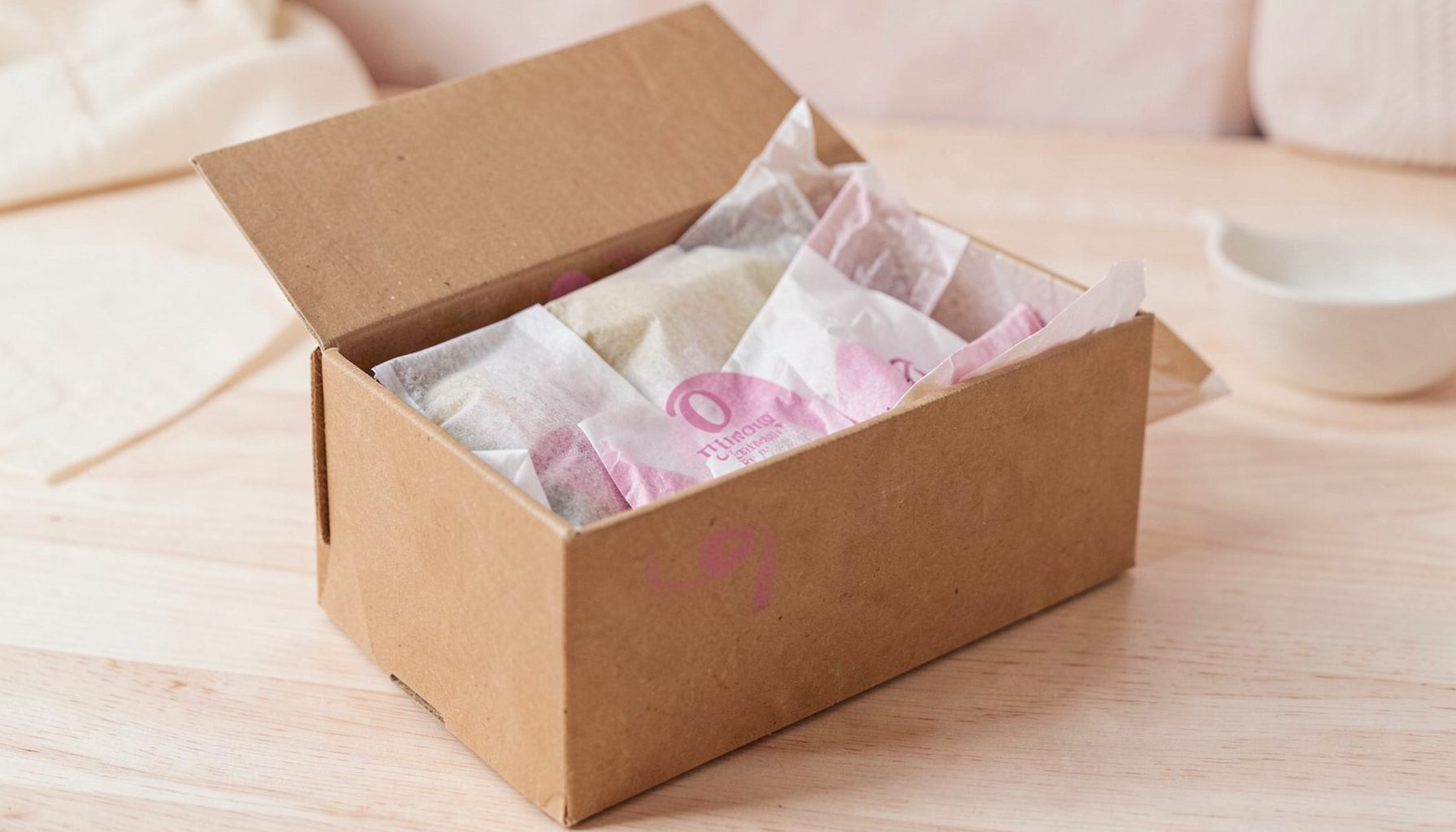 A brown cardboard beauty box with a pink logo, tissue-wrapped samples peeking out, set on a light wood surface, cozy and feminine mood.