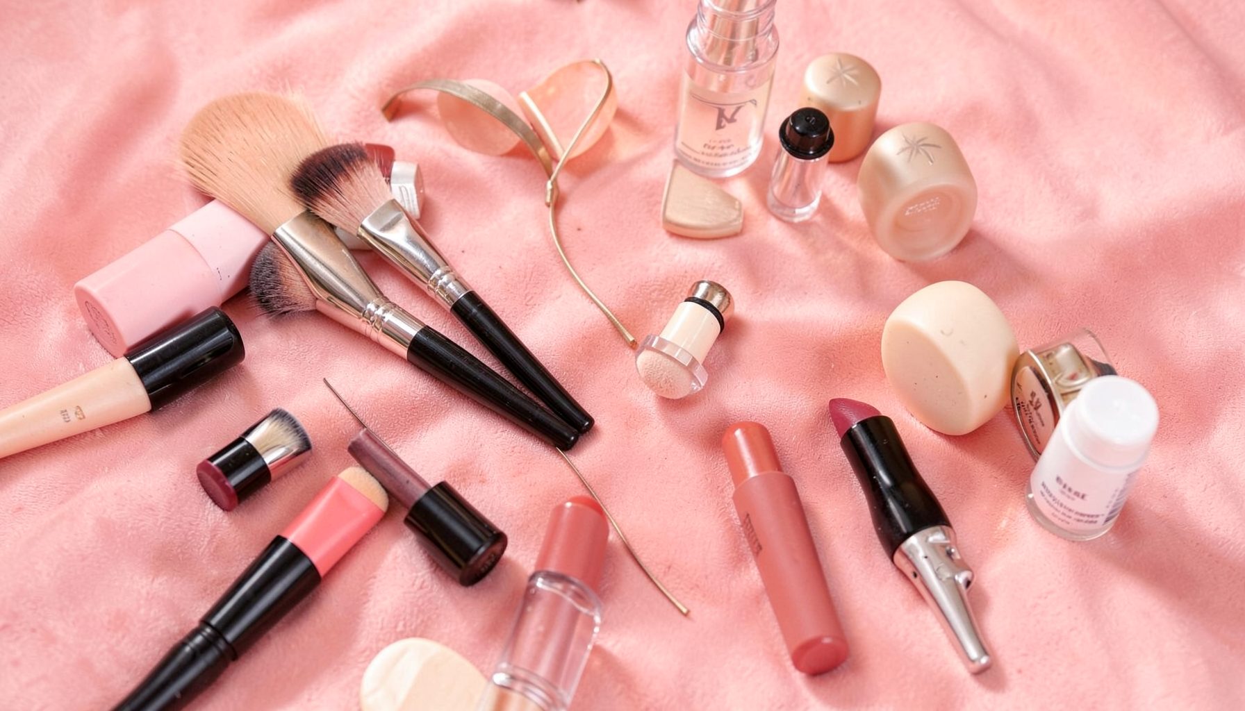 A flat lay of makeup brushes, lipsticks, and skincare bottles on a soft pink surface, warm and feminine mood.
