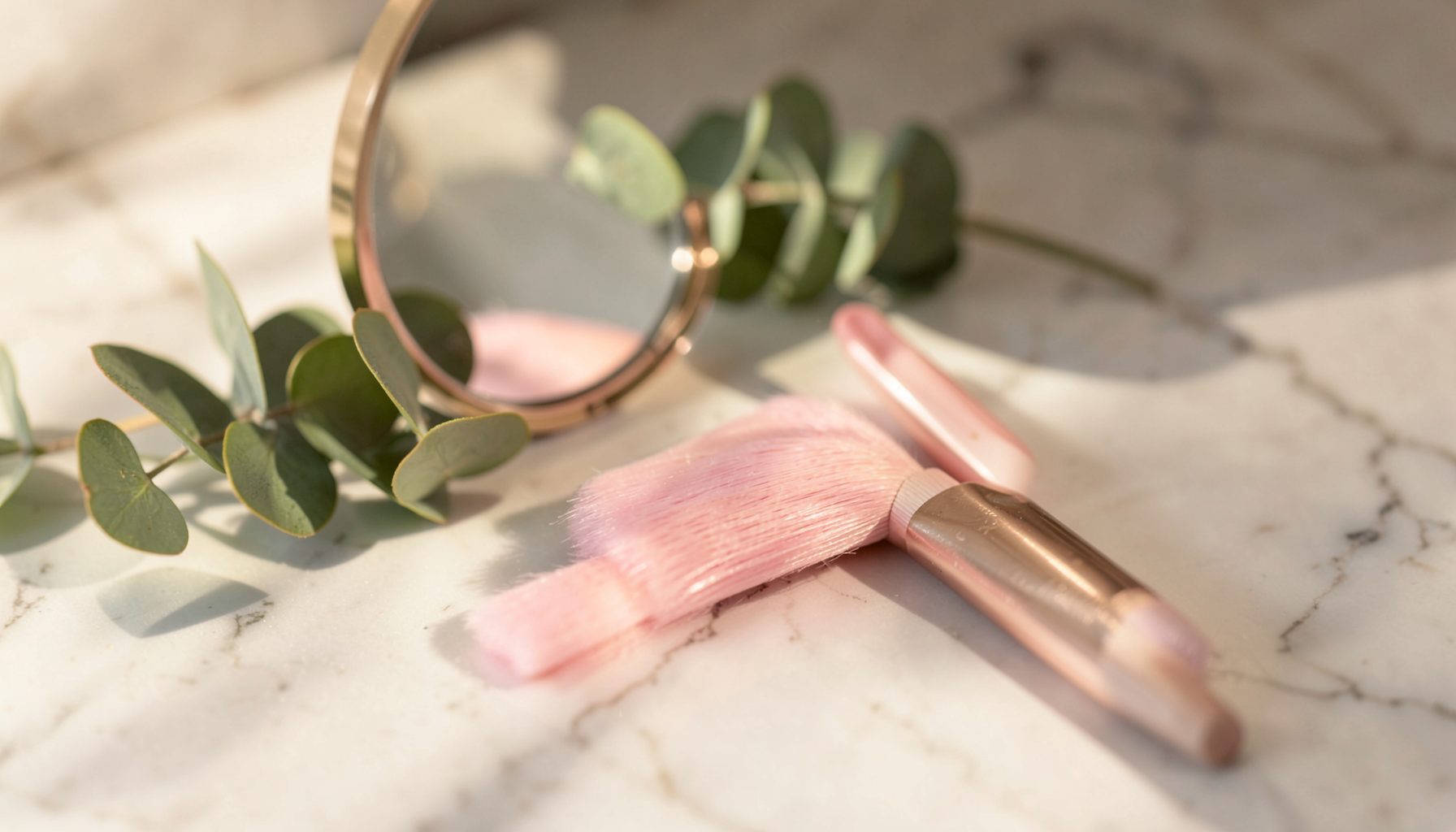 A soft pink makeup brush resting on a marble surface beside a compact mirror and a sprig of fresh eucalyptus, with warm natural light casting gentle shadows.