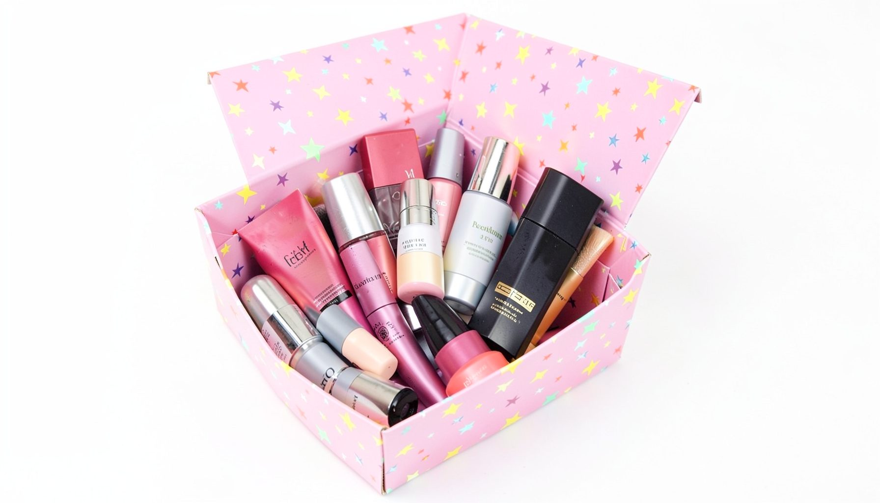 A star-patterned makeup subscription box with full-size cosmetics arranged on a white background, bright and playful mood.