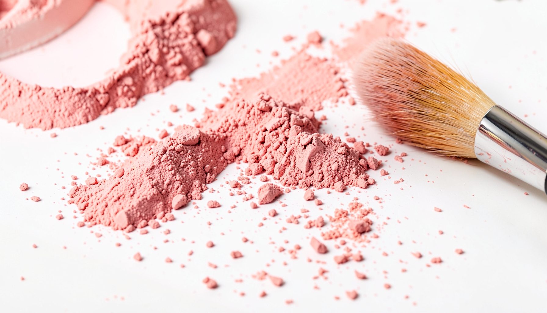Soft pink and rose cosmetic powders scattered across a bright white surface with a makeup brush nearby, warm and glamorous mood.